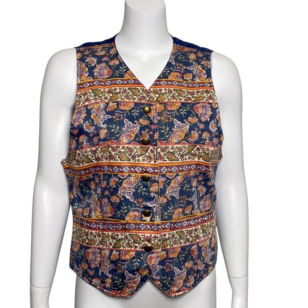 Vintage Lizwear Button Front Vest Womens Size S Paisley Floral Print 100% Cotton